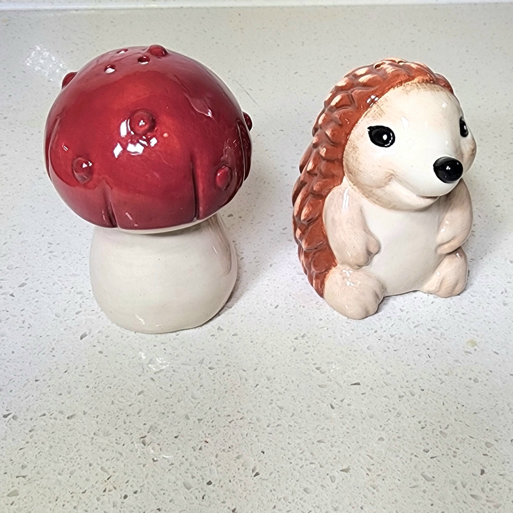 Salt & Pepper Hedgehog and Mushroom Set. Ceramic. New No Tags